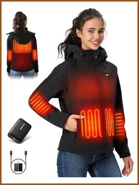 WASOTO Women's Heated Softshell Jacket 18400mAh Battery Slim Fit Detachable Hood